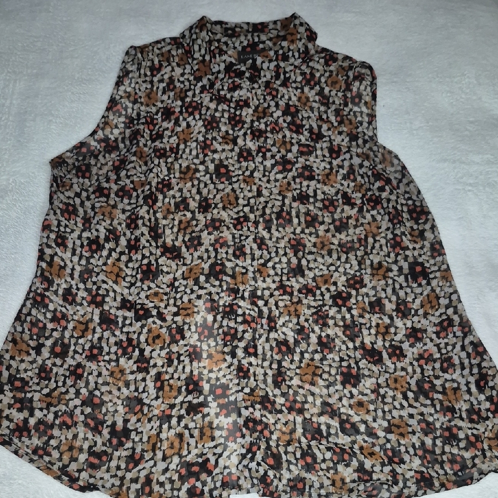 Lane Bryant Brown and Black Graphic Sleeveless Blouse with Split Back
